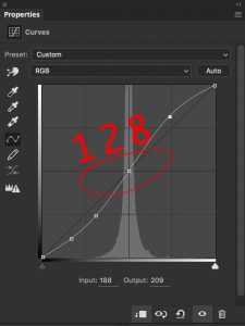 Make sure the input and output values are both set to 128. This can be done by placing a point by clicking on the curve and clicking on these values and then type in 128. Hitting tab will jump between the two. Hit enter or return when finished. 