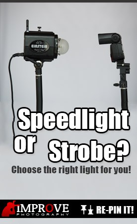 Speedlight and a strobe next to each other in a photography studio